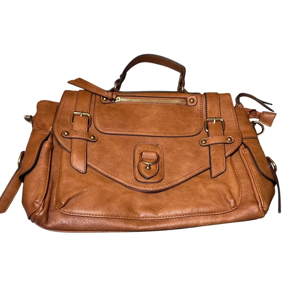 Vintage Style Tan Faux‎ Leather Satchel Bag Plaid Lining Handle Shoulder Strap